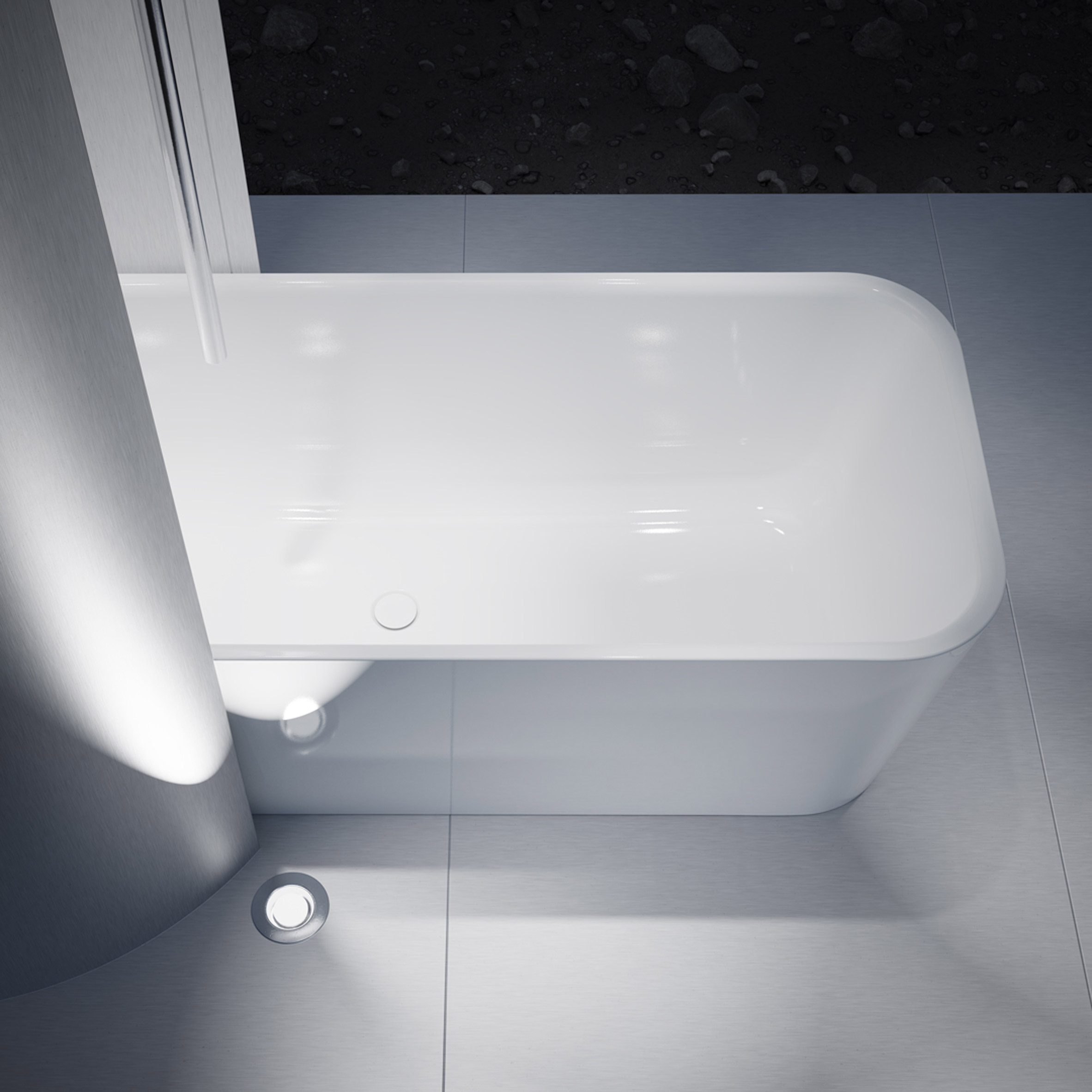 Purist bathtub by Bette in a white tiled bathroom