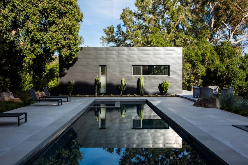 Swimming pool and metal home facade