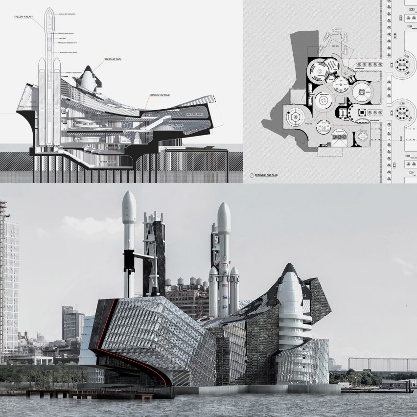 Diagrams and visualisations of a gray spaceport structure
