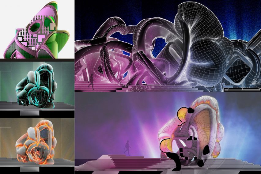 Visualisations of modern biomorphic structures with glowing lights