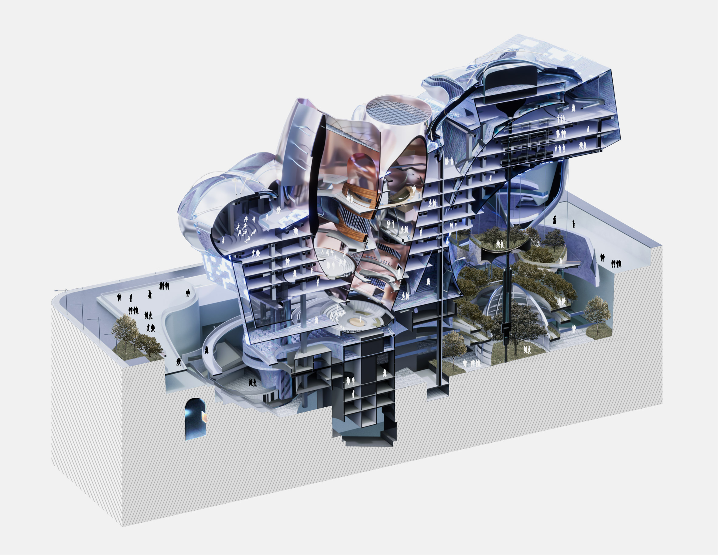 3D sectional model of a large, bulbous purple building