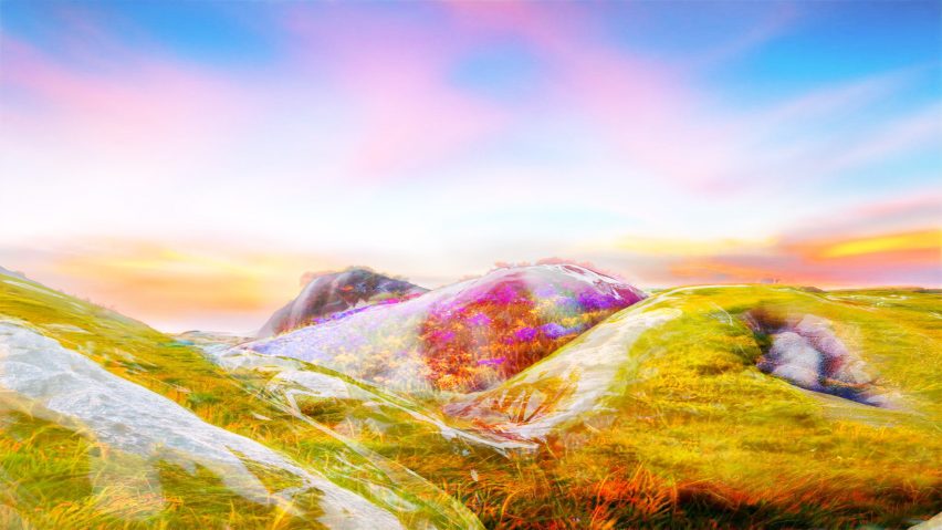 Render of a colourful hilly landscape with a glossy surface