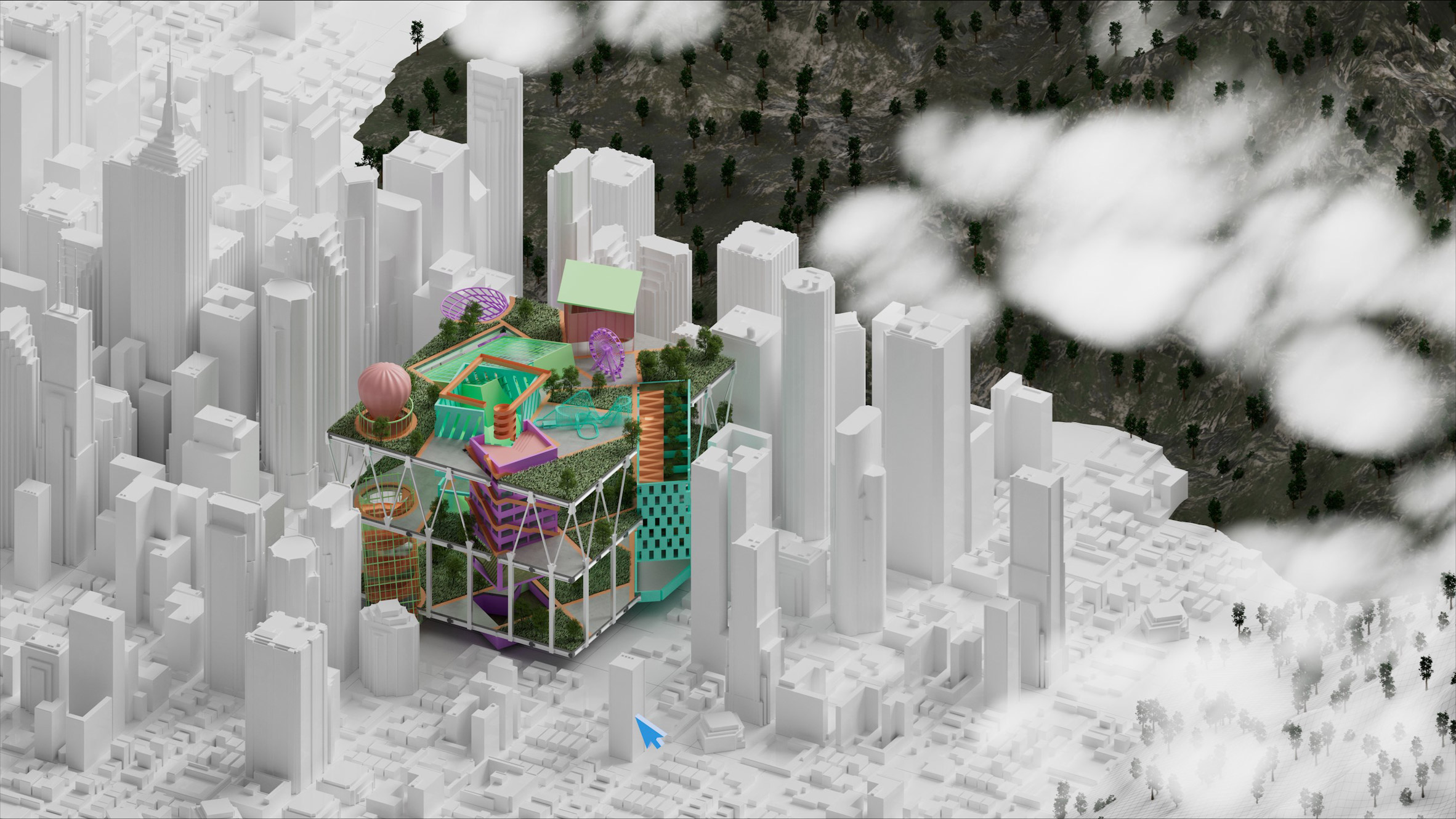3D model of a colourful cube entertainment building set in a white city model