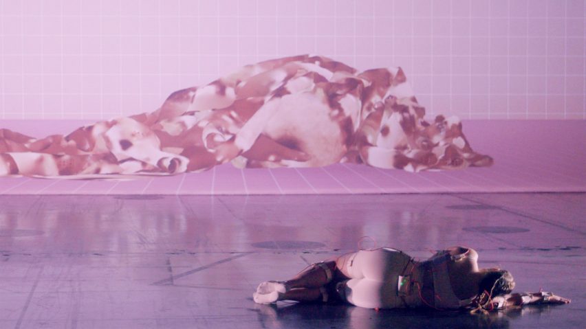 Pink-toned digital image of a person lying down