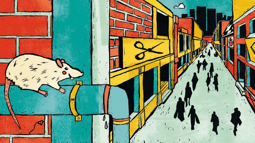 Colourful illustration of a commercial street with a rat
