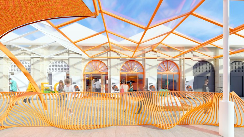 Representación de una ampliación de un edificio acristalado de color naranja