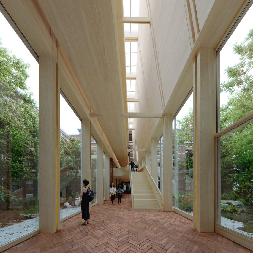 Interior render of the wood-lined extension at The Natural History Museum of Lille