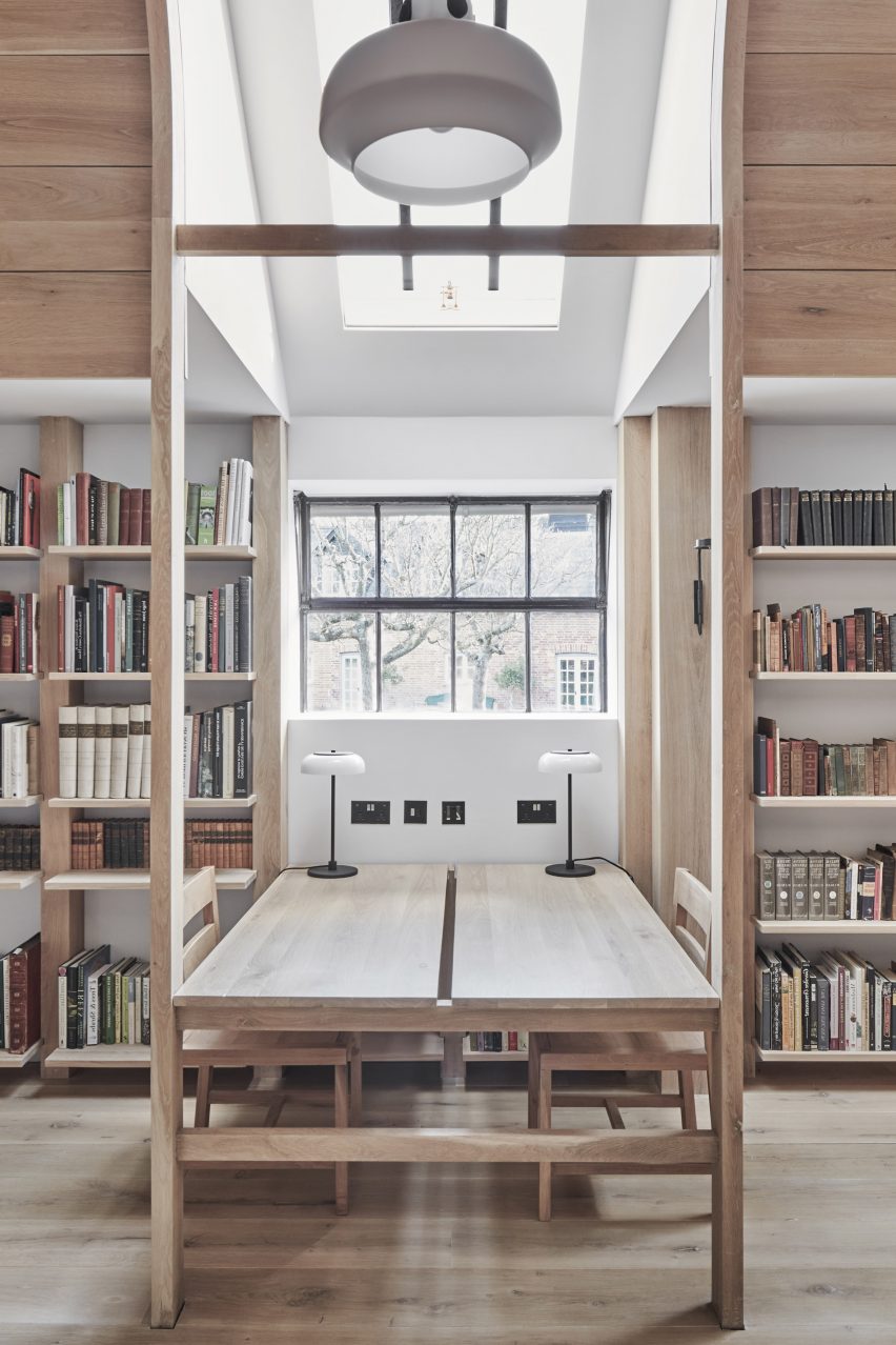 Desks of wooden library in old barn