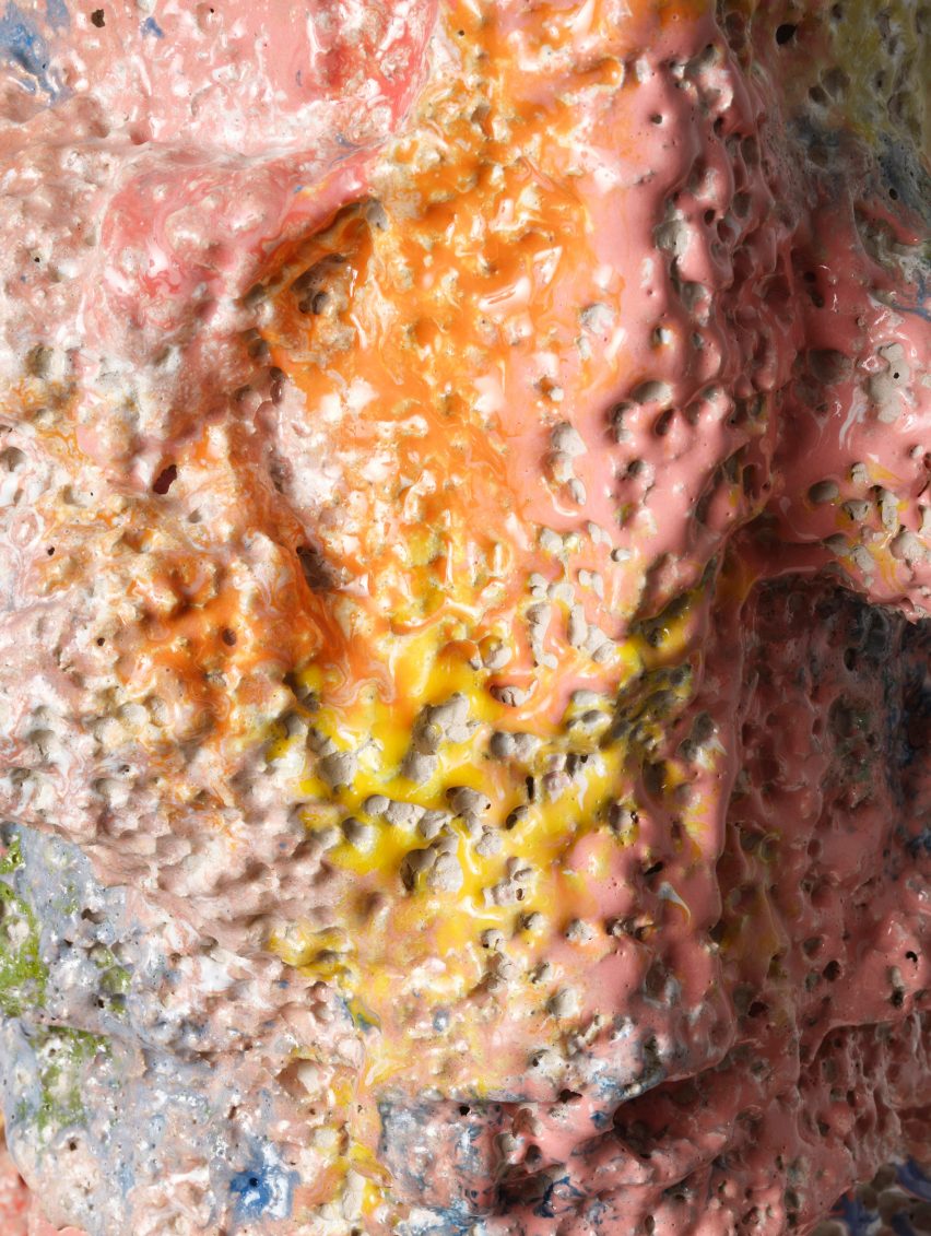 Close up of the vase showing the textured surface and mix of colours