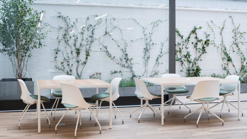 White Trea office chairs around tables