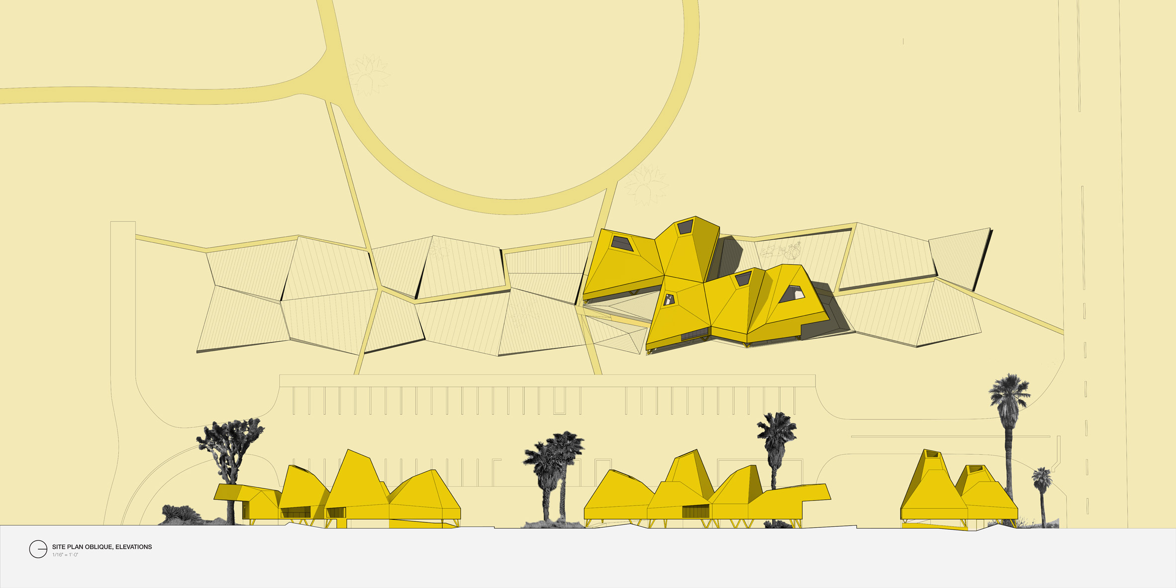 An architectural plan in tones of yellow