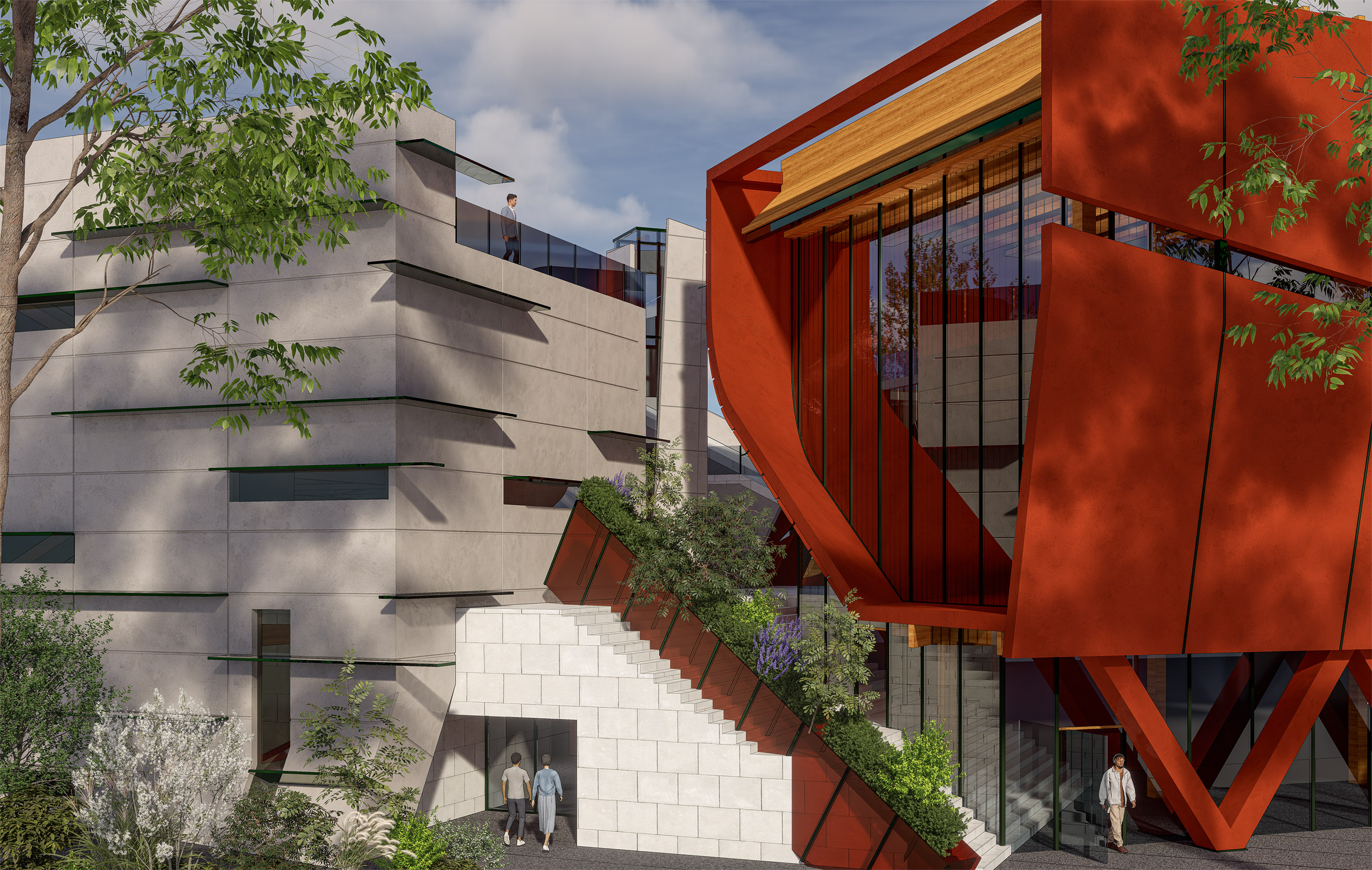 A visualisation of an educational building in tones of red and grey.