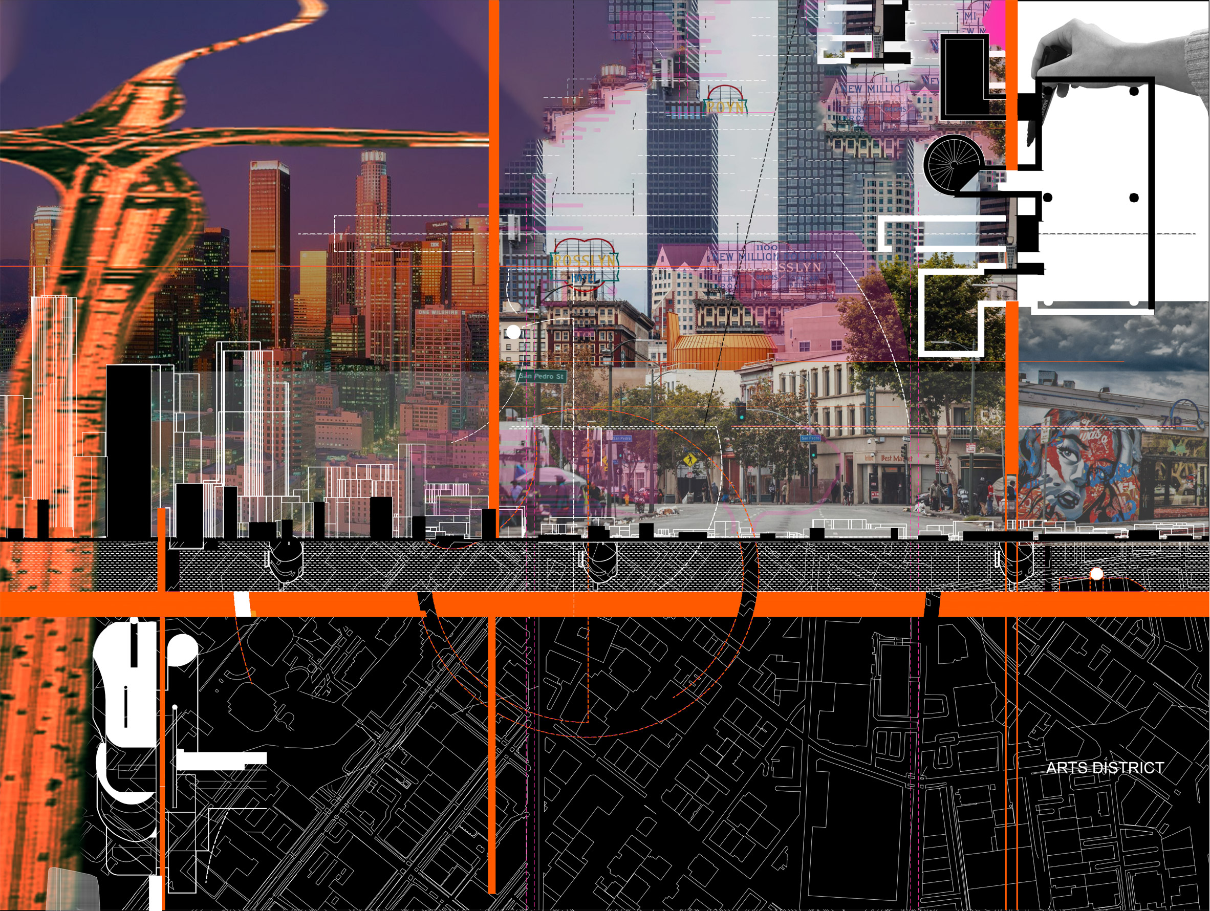 A visualisation showing a map and a cityscape in tones of orange, black, grey and purple.