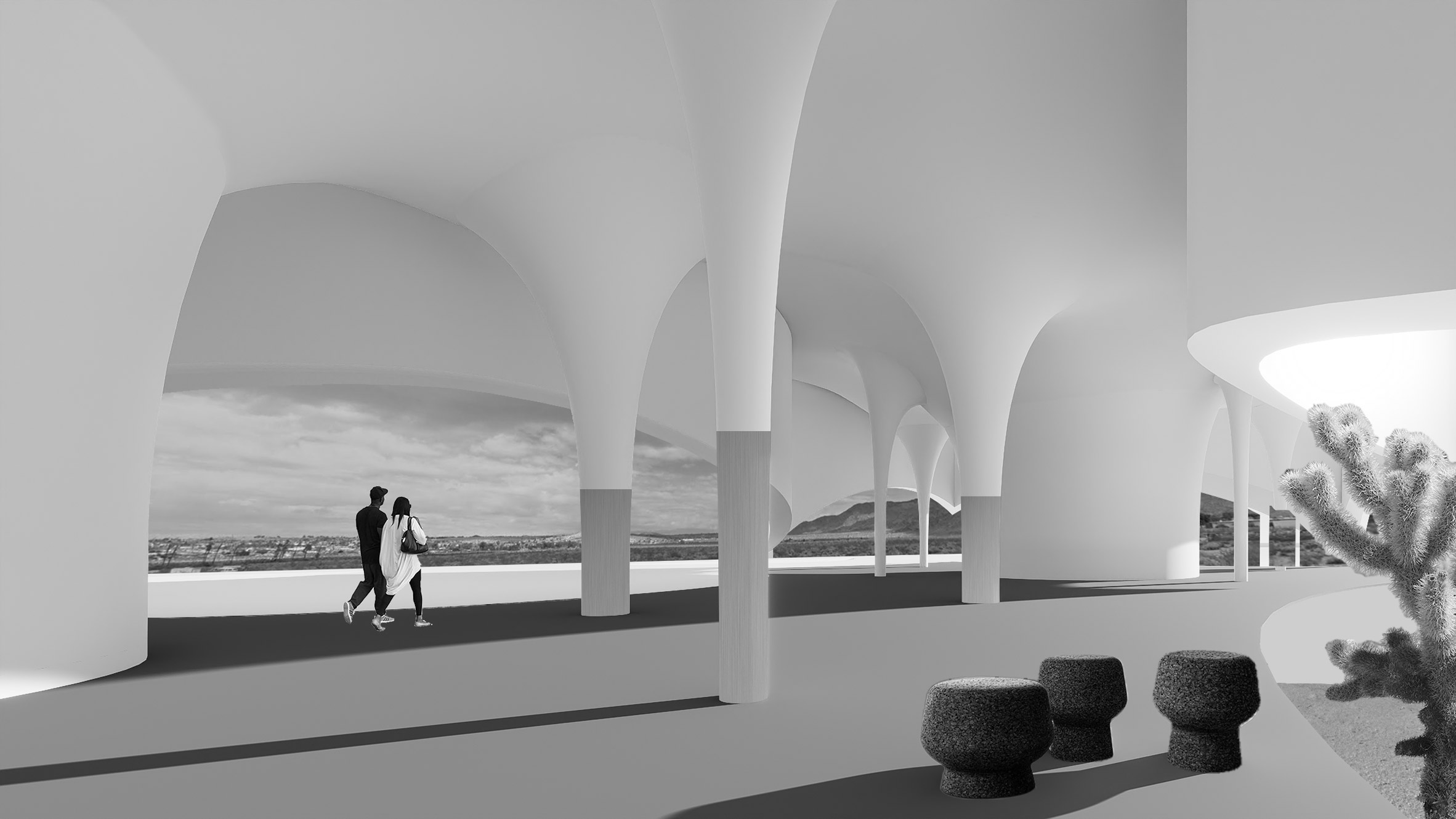 A visualisation of an open plan space in a desert, in tones of black and white.