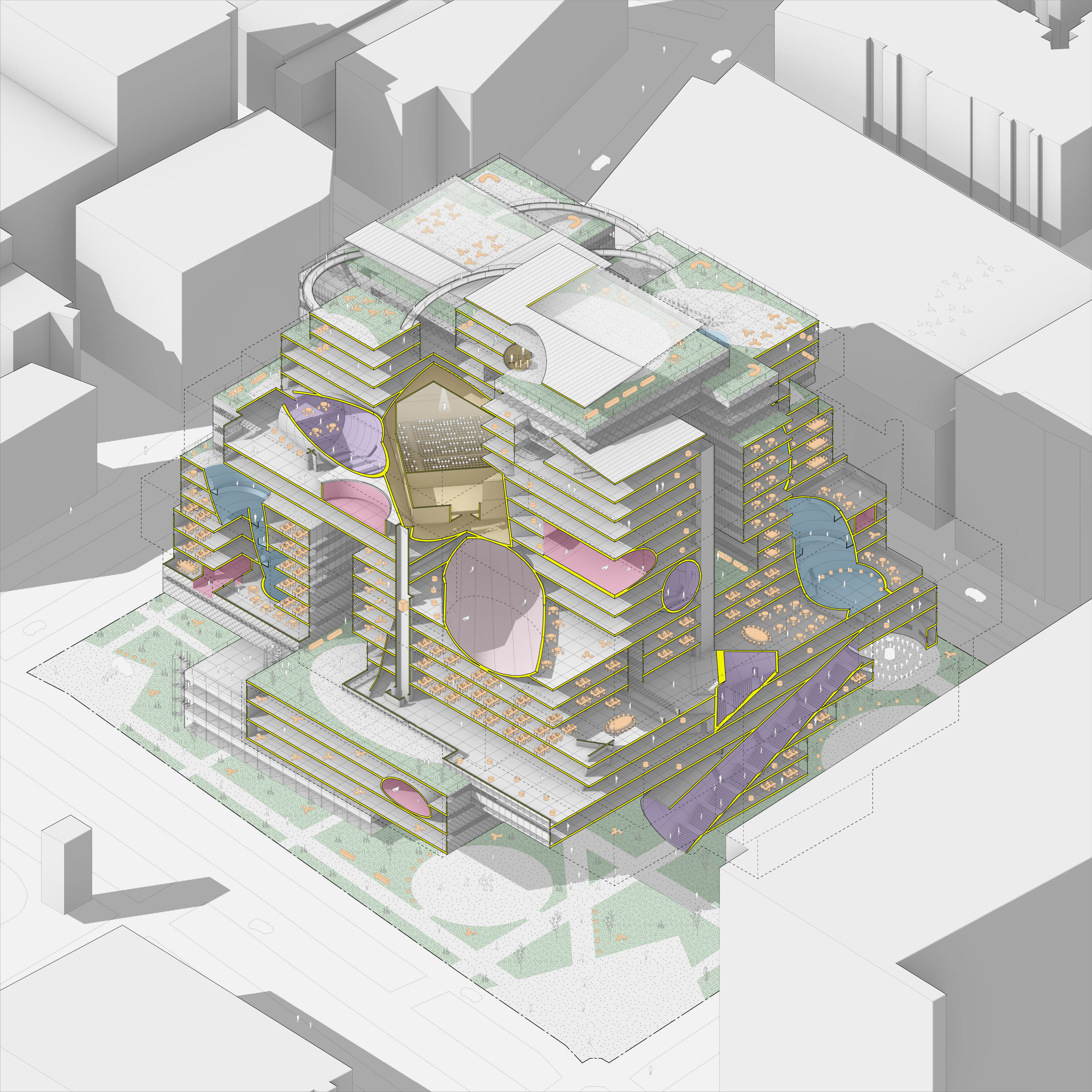 Visualisation of a building redevelopment in tones of pink, yellow, blue and grey.