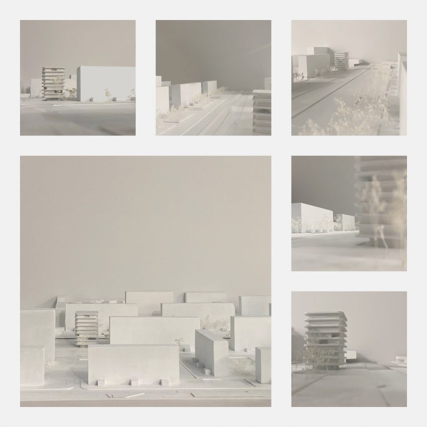Six square images of white architectural models