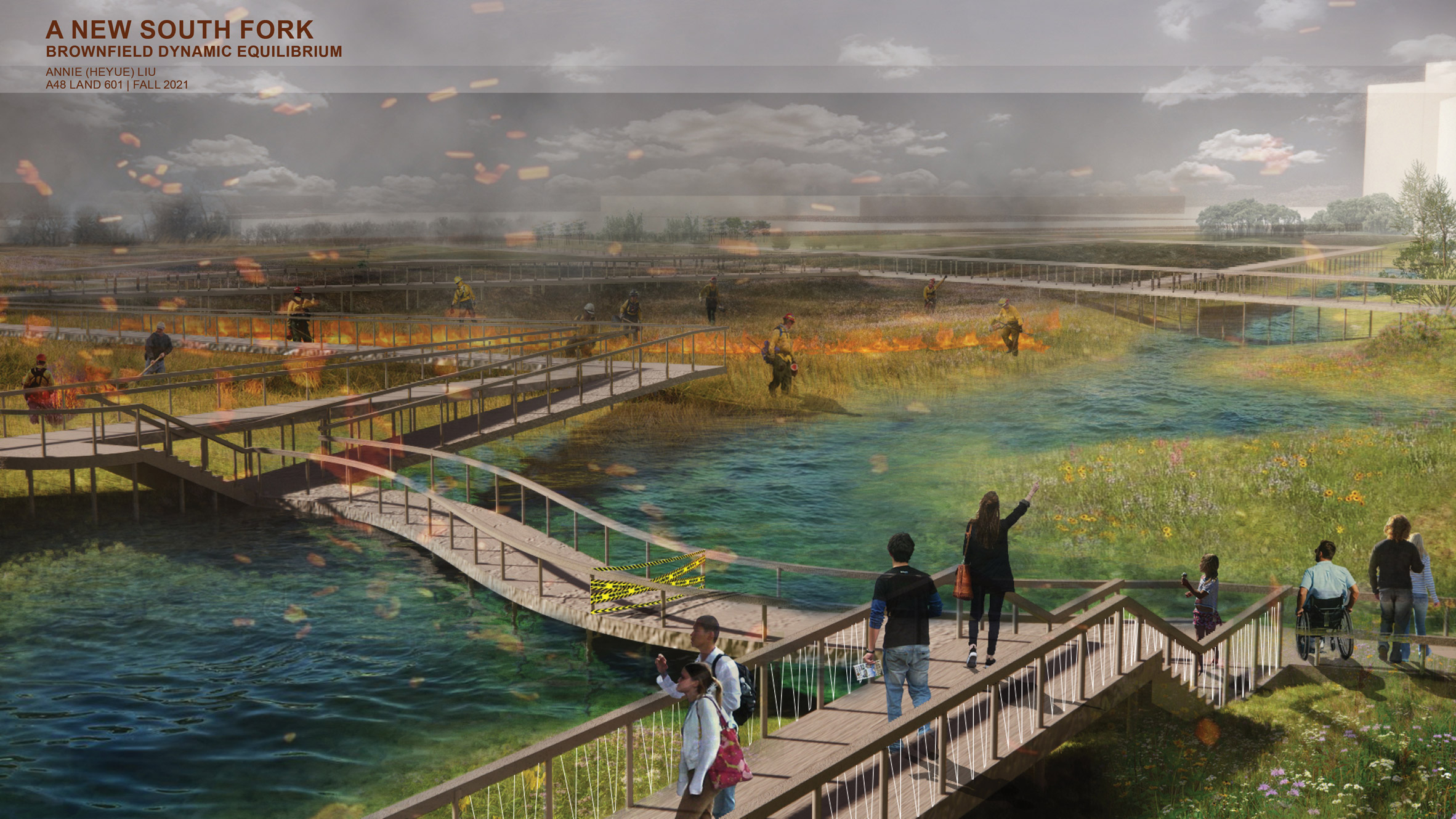 Render of people on a wooden bridge over water and grassy areas