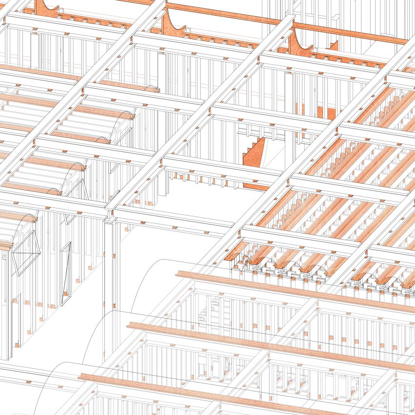 Isometric line drawing and a warehouse-like building structure with orange highlights