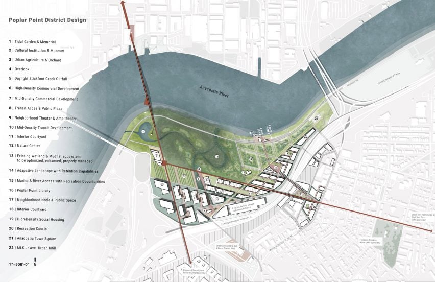 Annotated city-scale plan of an urban intervention on a riverside
