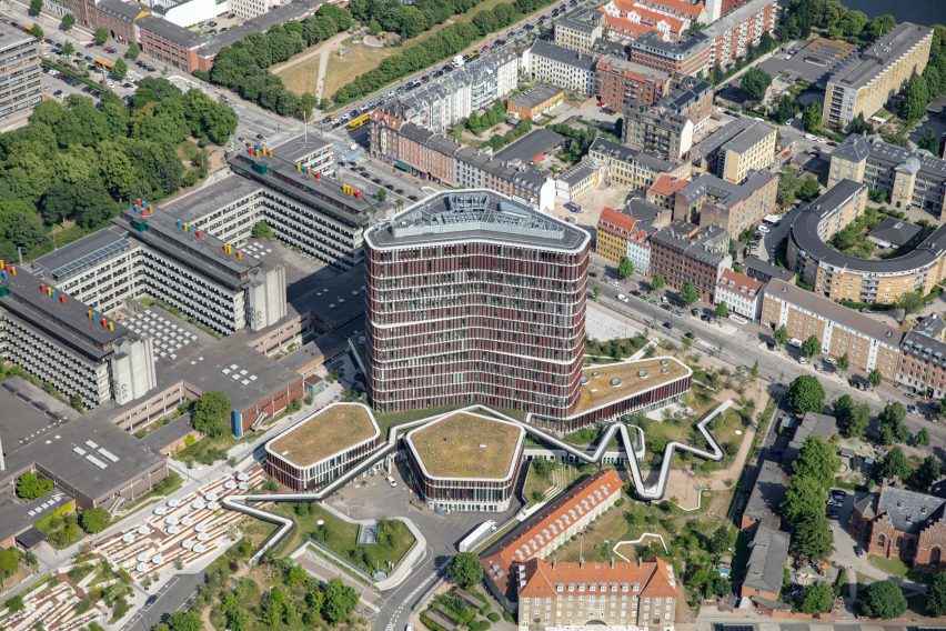 An aerial view of the Mærsk tower in Copenhagen
