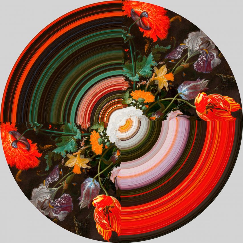 Circular art pice of abstract flowers by Richard Hutten