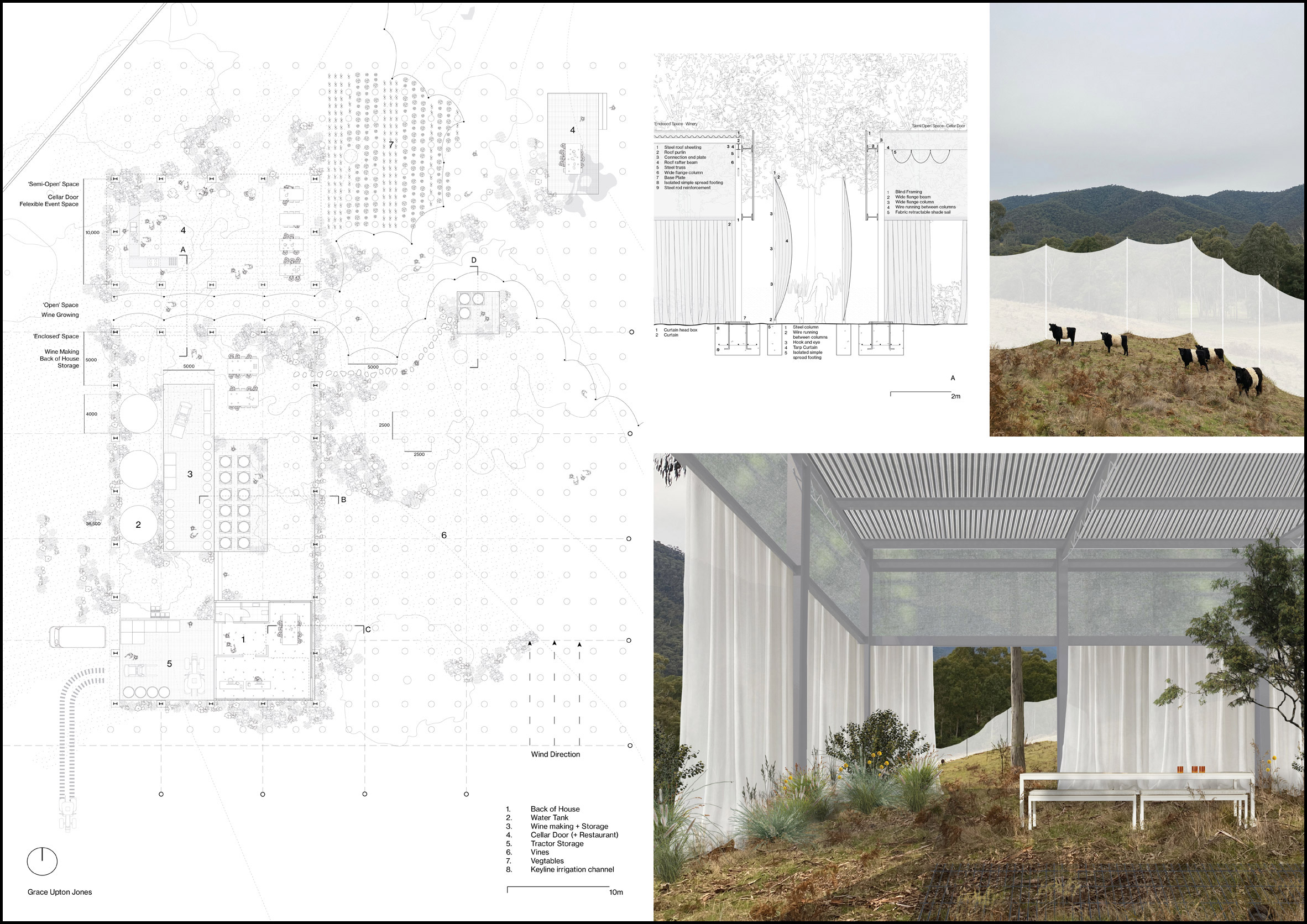 Renders and diagrams of a winery