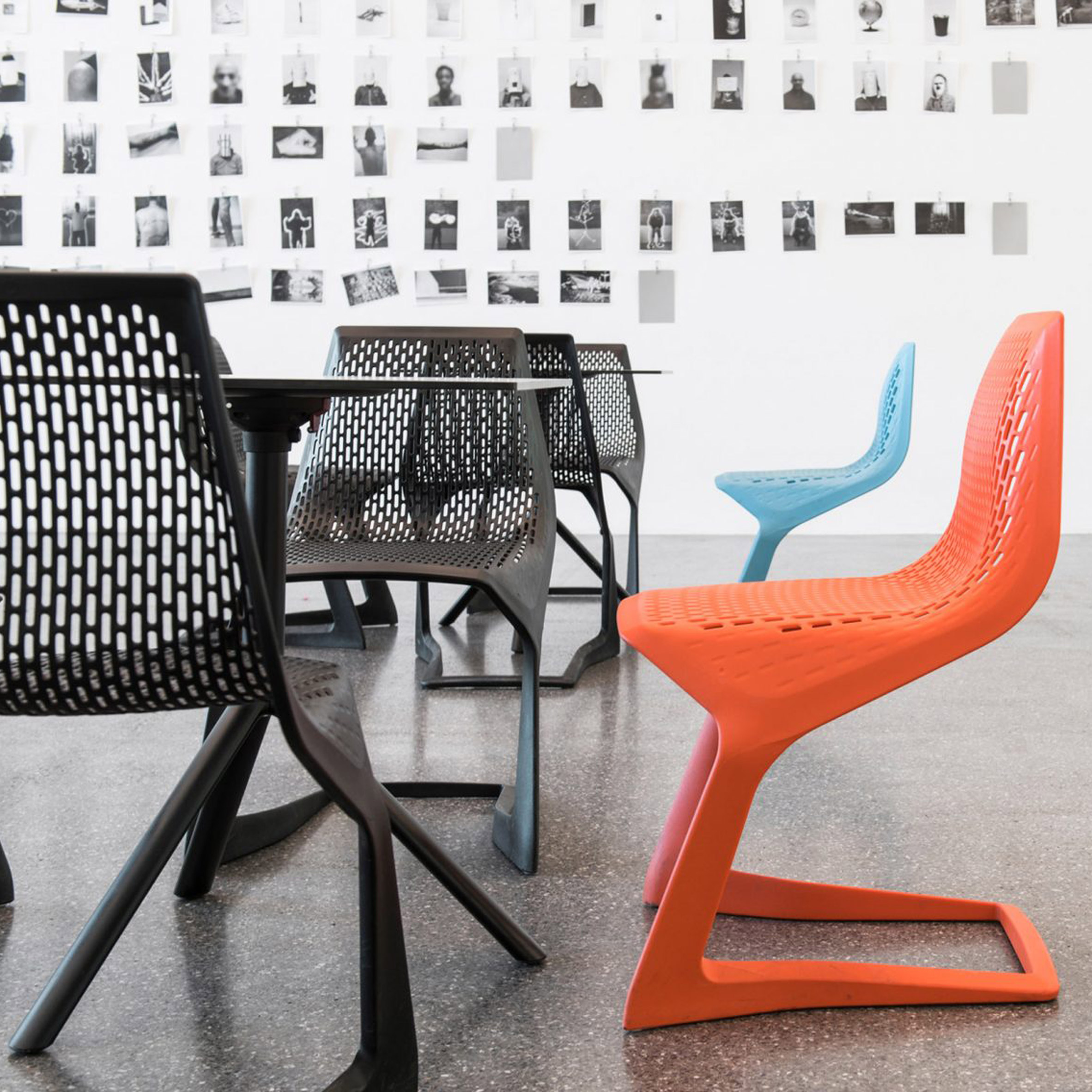 Photo of an orange, blue and black chair