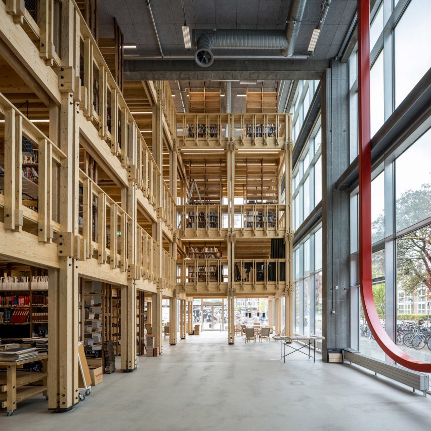 Timber-framed library inside New Aarch in Aarhus