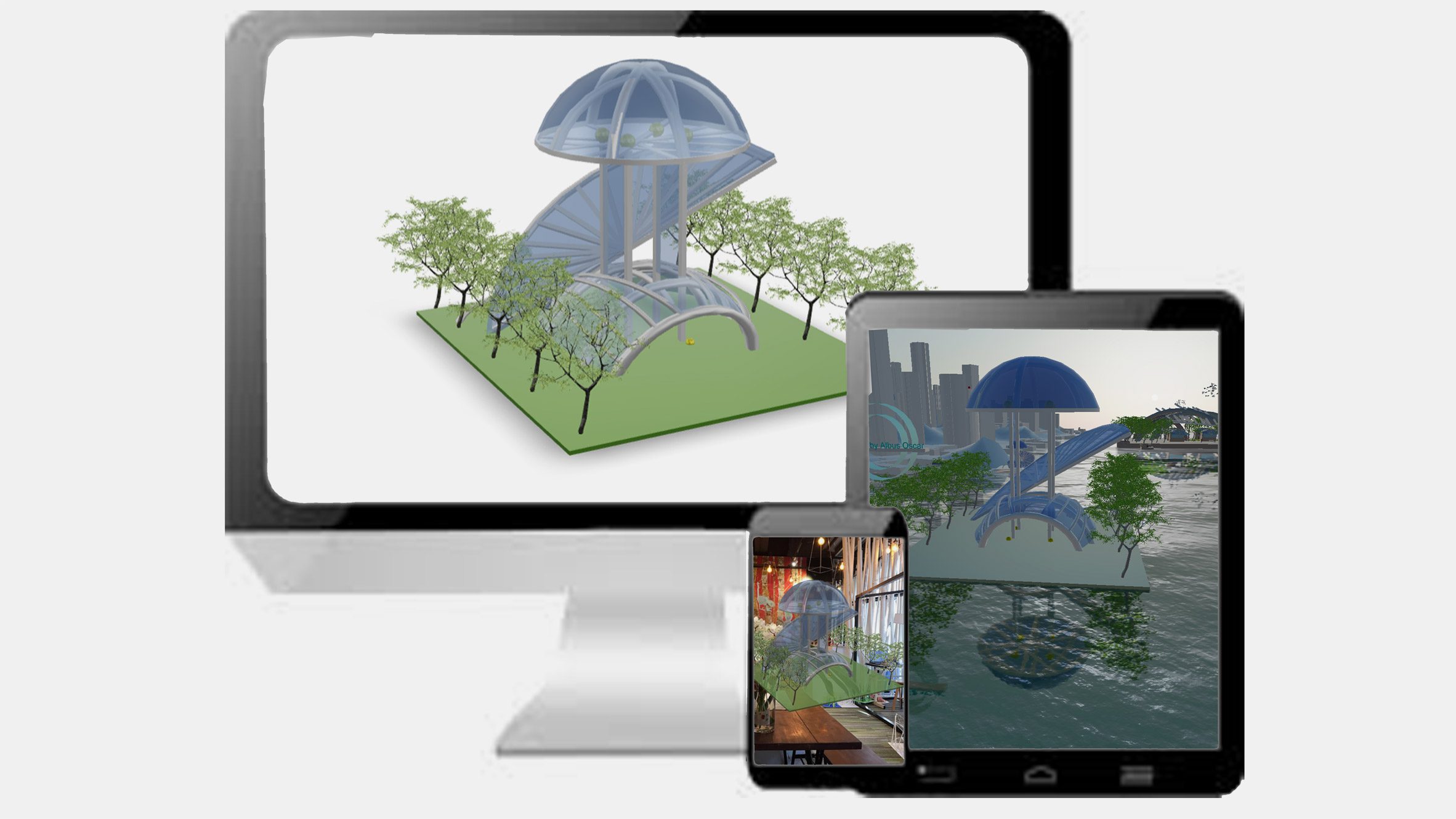 Desktop screen, tablet and mobile device displaying student architecture projects