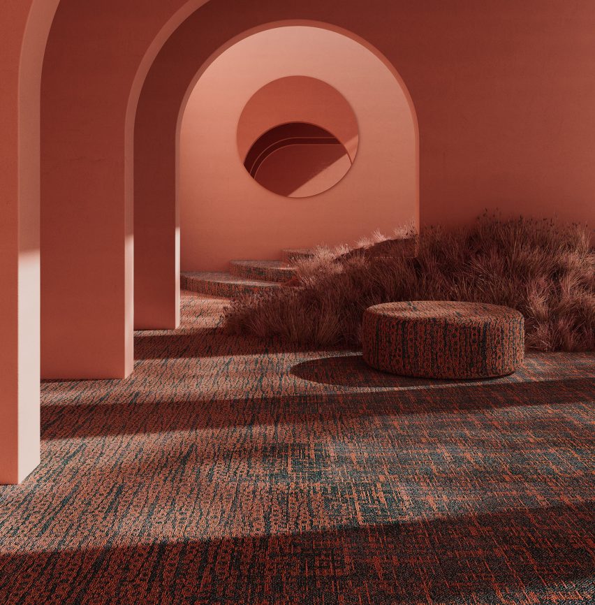 Red-toned interior with arches