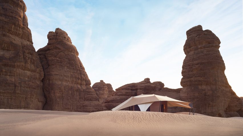 Tent among rock formations at AlUla desert resort