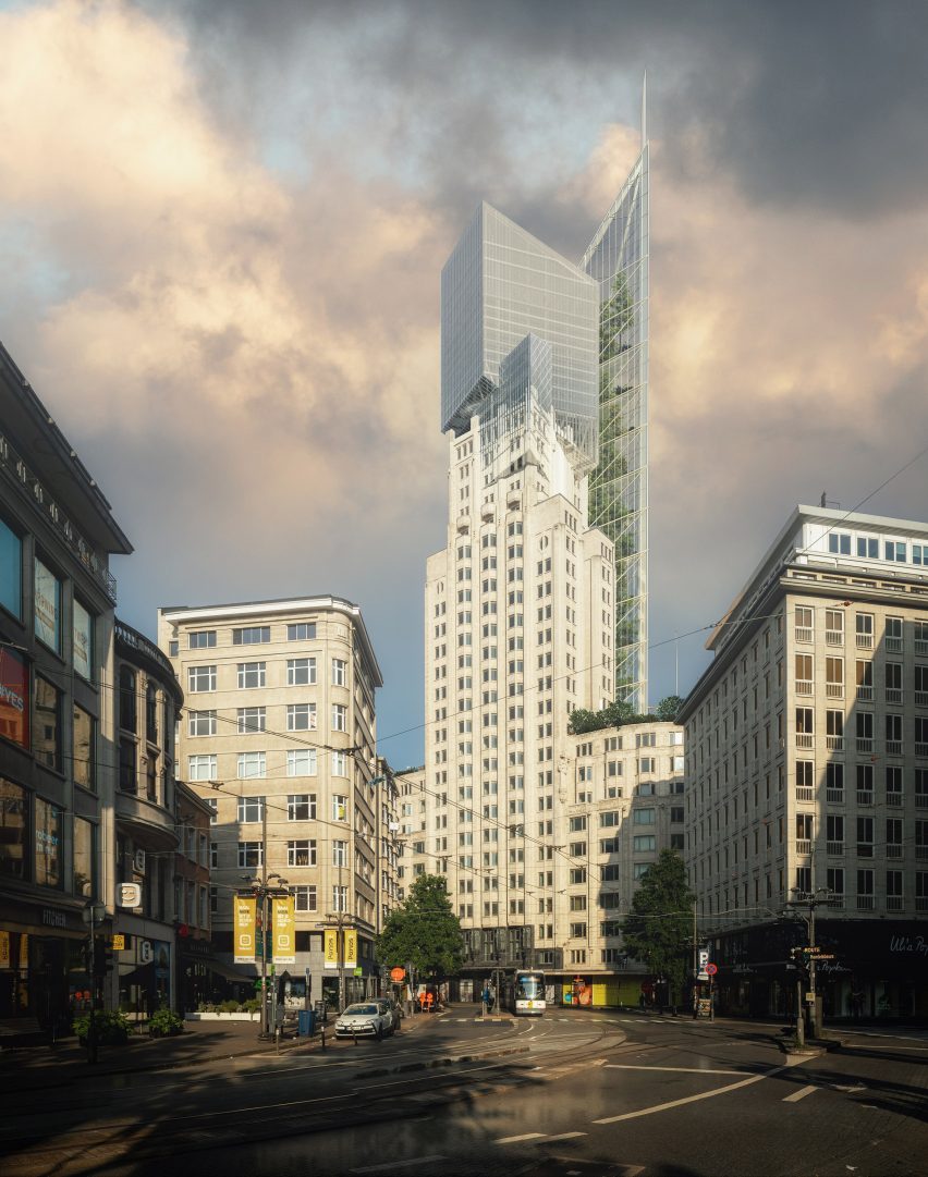 Visual representation of the expansion of the Boerentoren tower in Antwerp