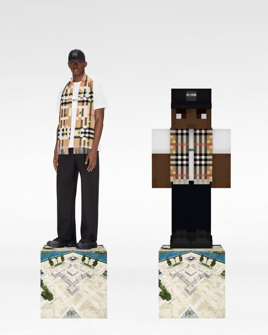 A digital model and avatar wearing a Burberry scarf