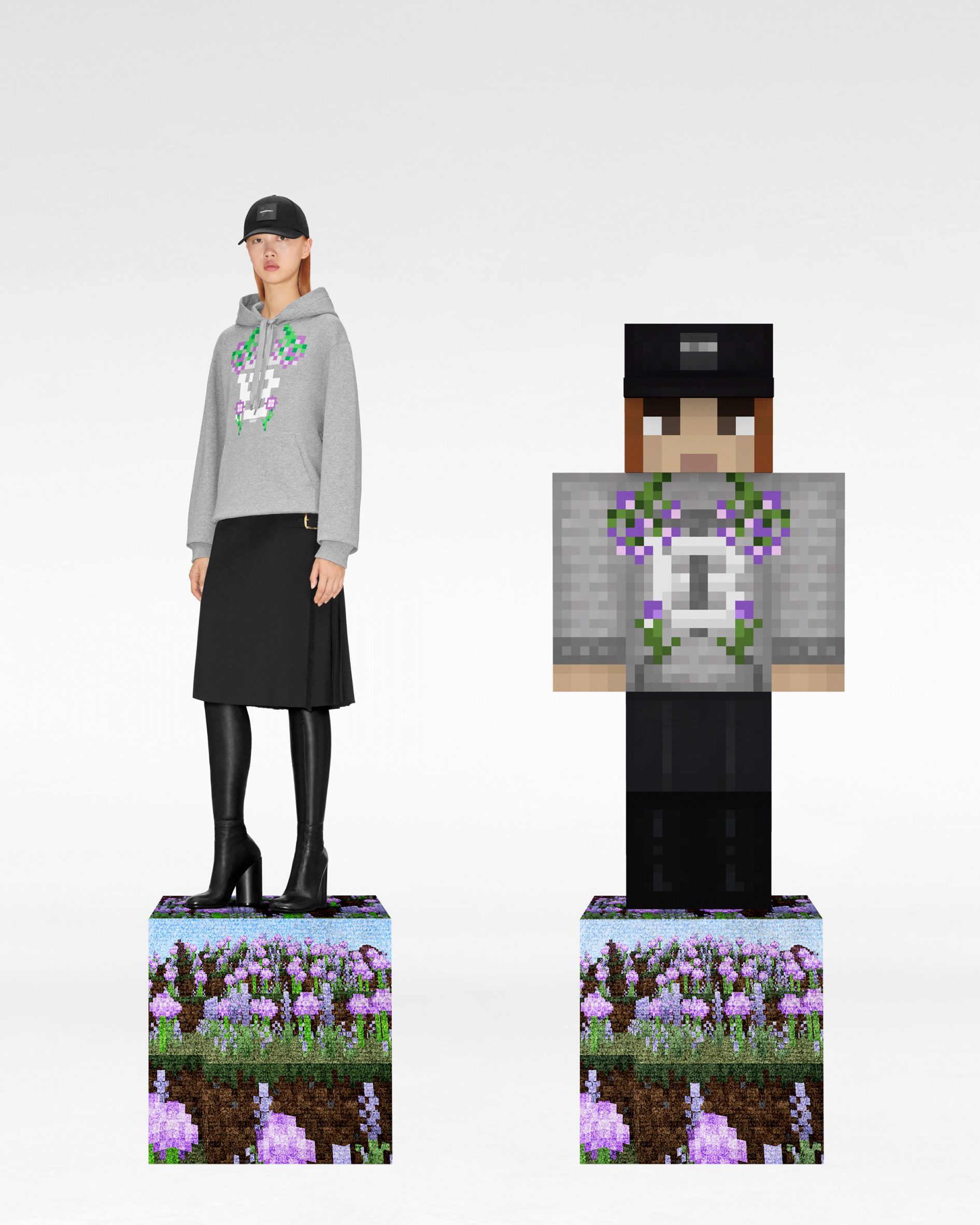 A digital avatar and model wearing Burberry clothes