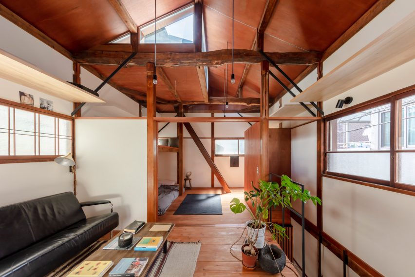 Japanese home with natural wood beams