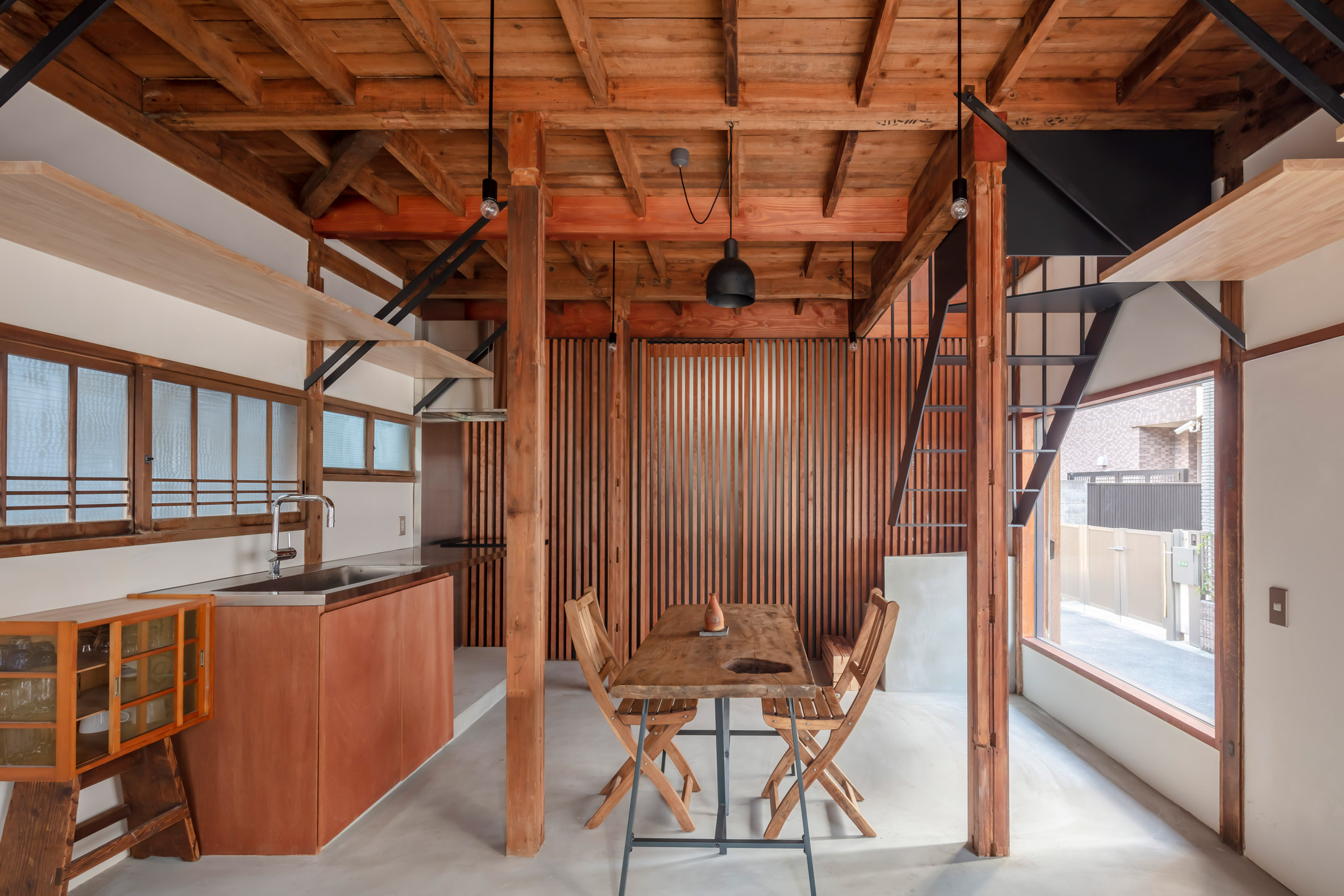 Japanese home interior with cedar beams