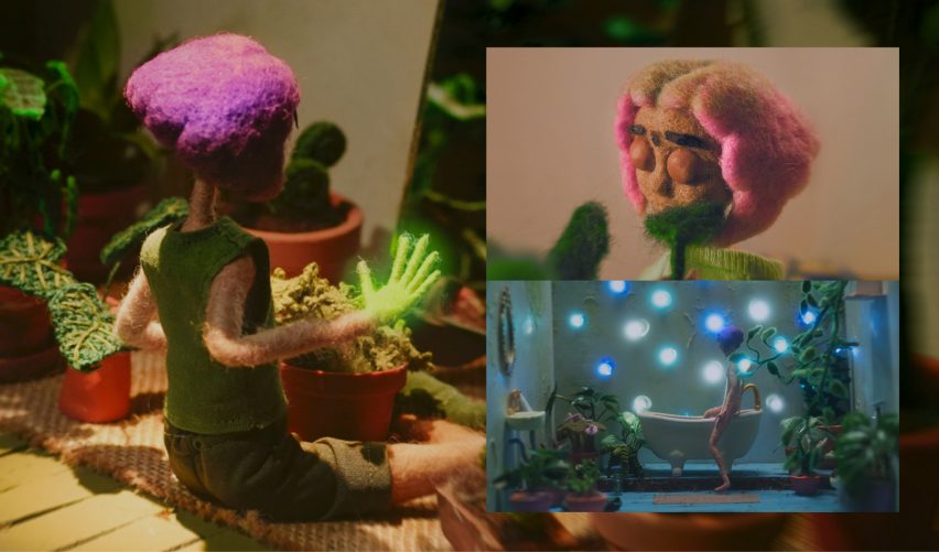 Board showing an animation of a person in a room full of plants