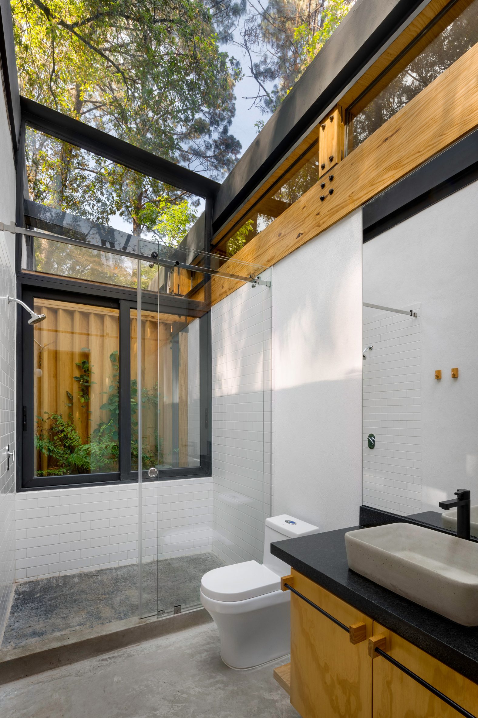 Bathroom with middle and wood accents and skylights