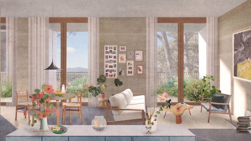 Render of an interior living space at Dairy Road