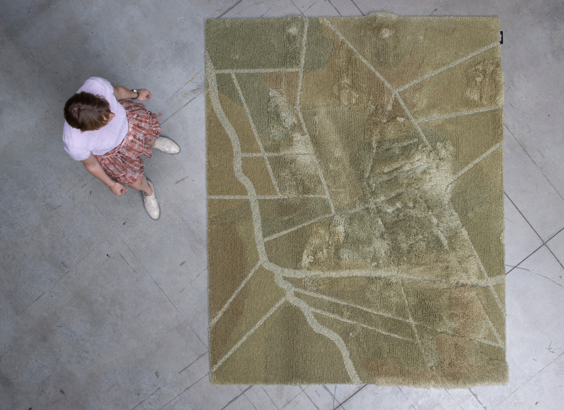Aerial photo of Liselot Cobelens standing next to the Dryland rug showing pattern of canals in grassy fields