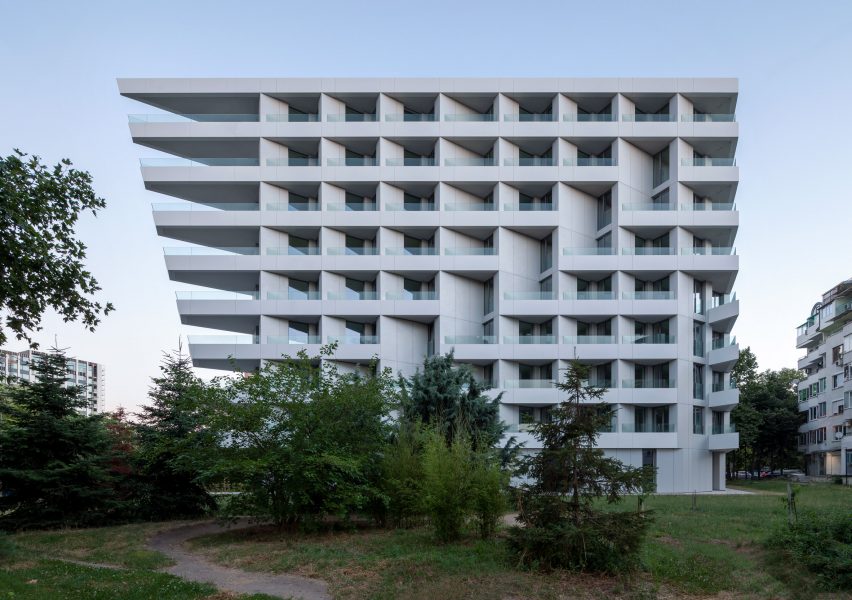 Elevation of white office and apartment block in Bulgaria