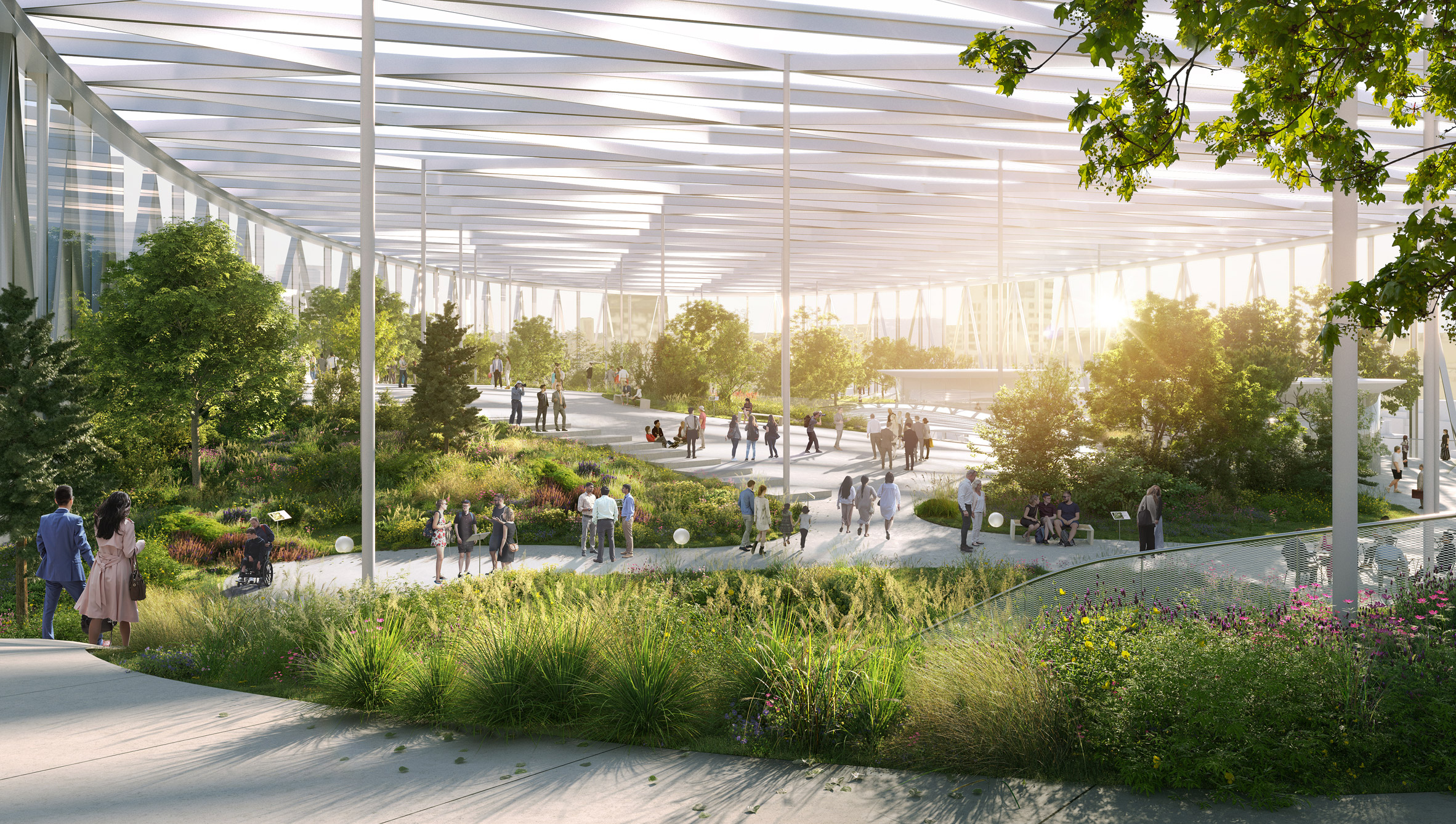 Render of the rooftop botanical garden at the European Parliament building