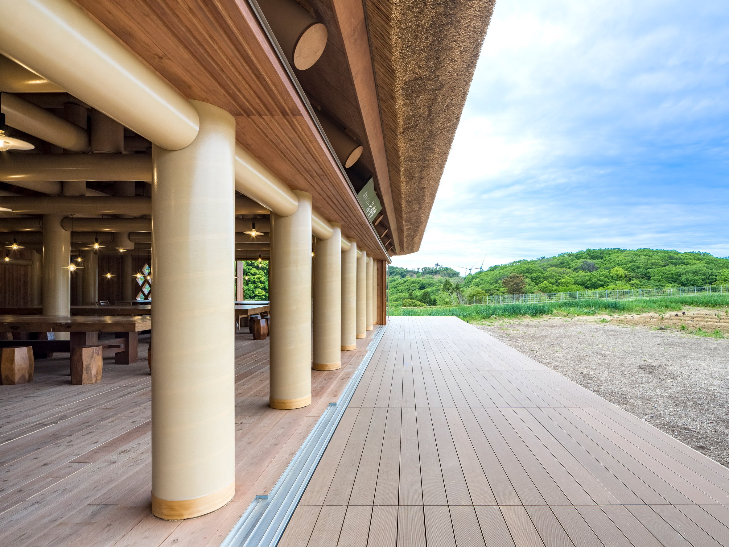 Wooden terrace outside Shigeru Ban-designed music hall in Japan