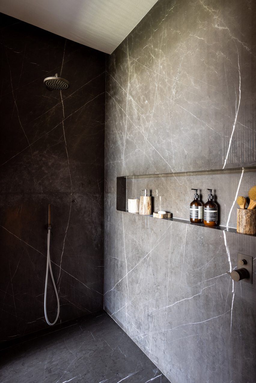 Marble shower room in Flat #6, Brazil, by Studio MK27