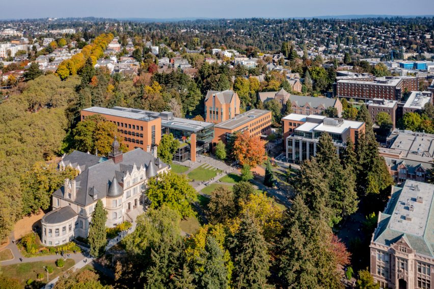 Aerial view of the University of Washington's hardwood Founders Hall