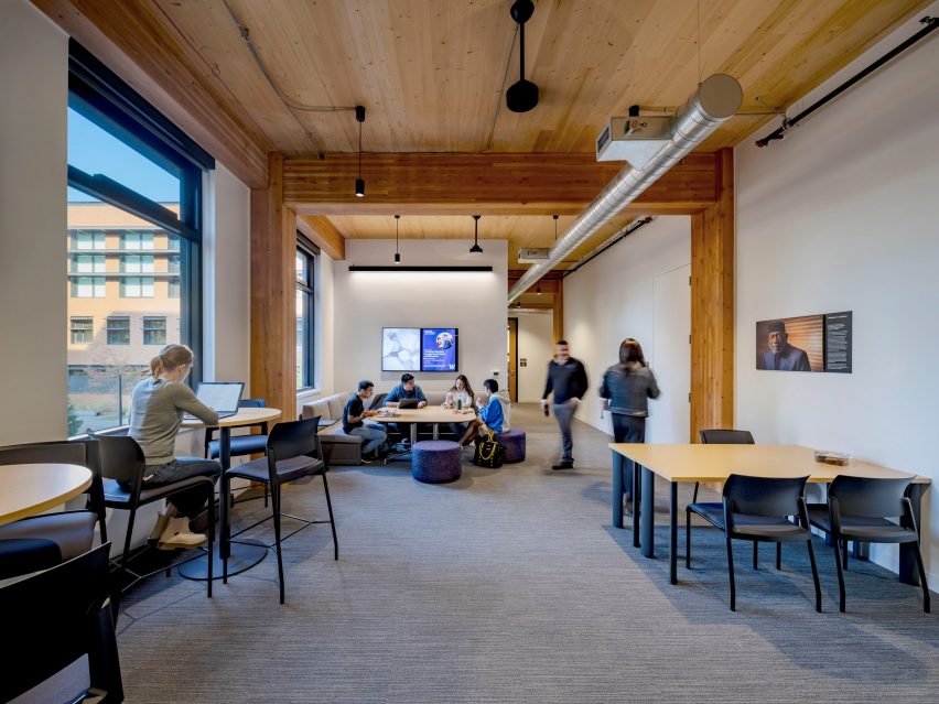 Interior shot of Founders Hall with working students