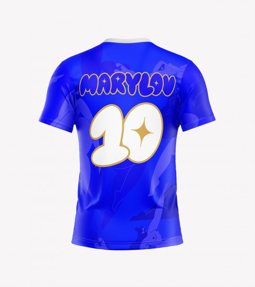 A blue football shirt with a curved font