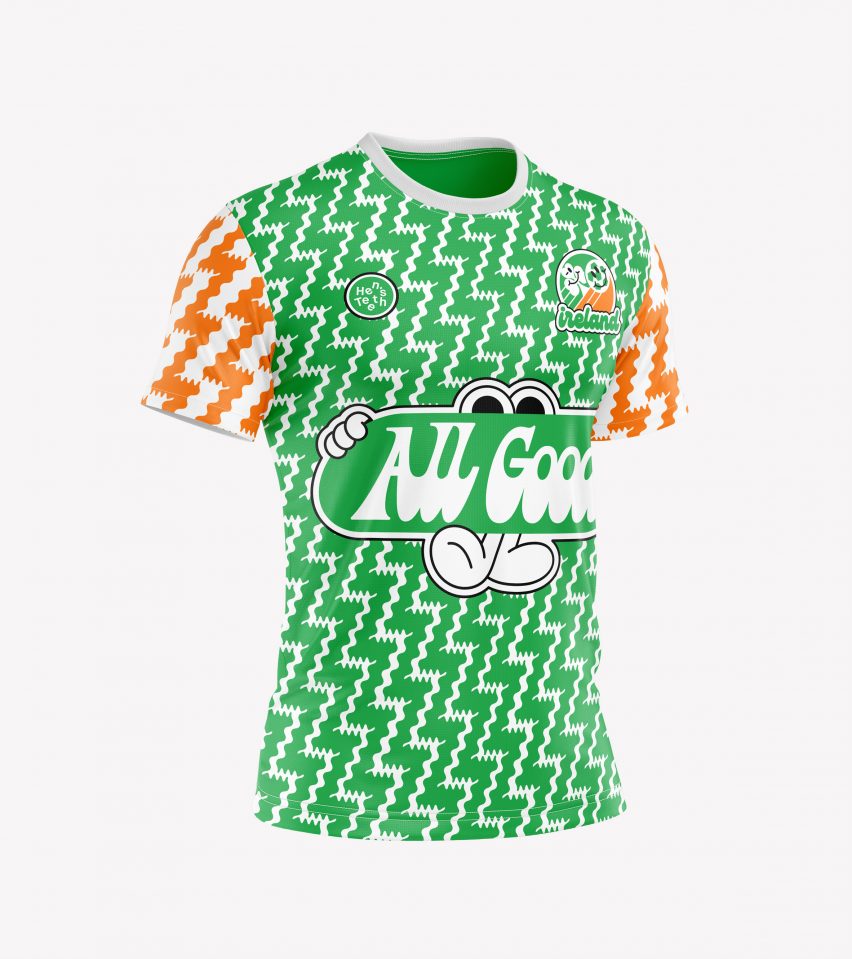A green and orange patterned football top