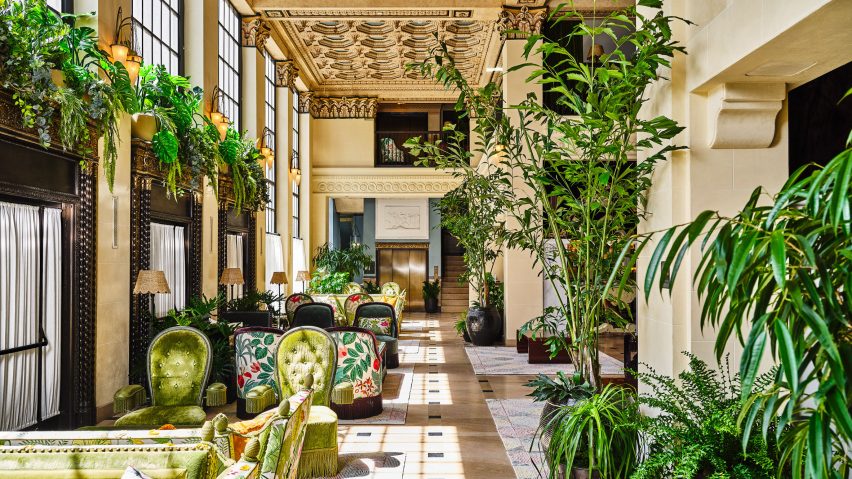 Botanical-themed hotel lounge