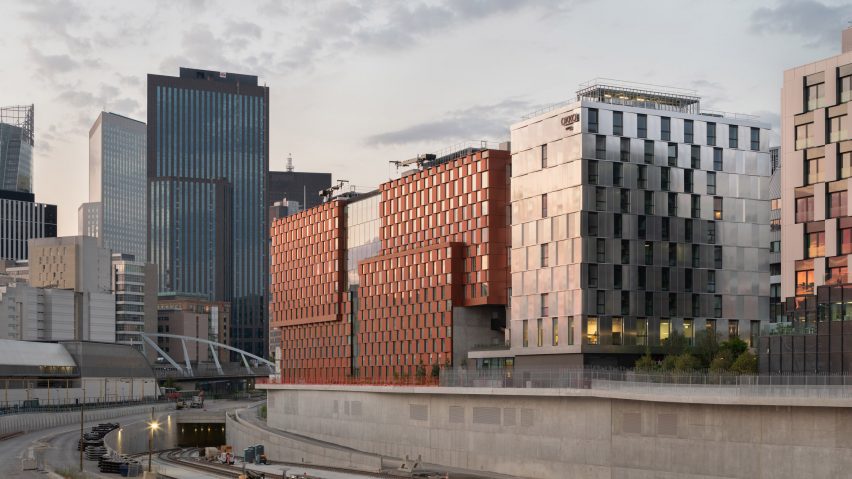 Exterior of InDÃ©fense office and HÃ´tel OKKO by 3XN in Paris